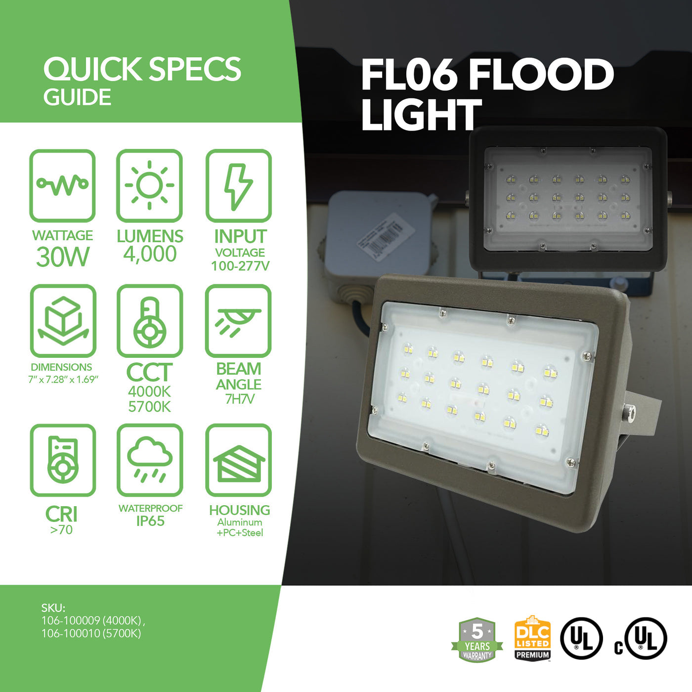 30W LED DLC High Output Security Flood Light, 4000LM - 5 Year Warranty - IP65 Rated