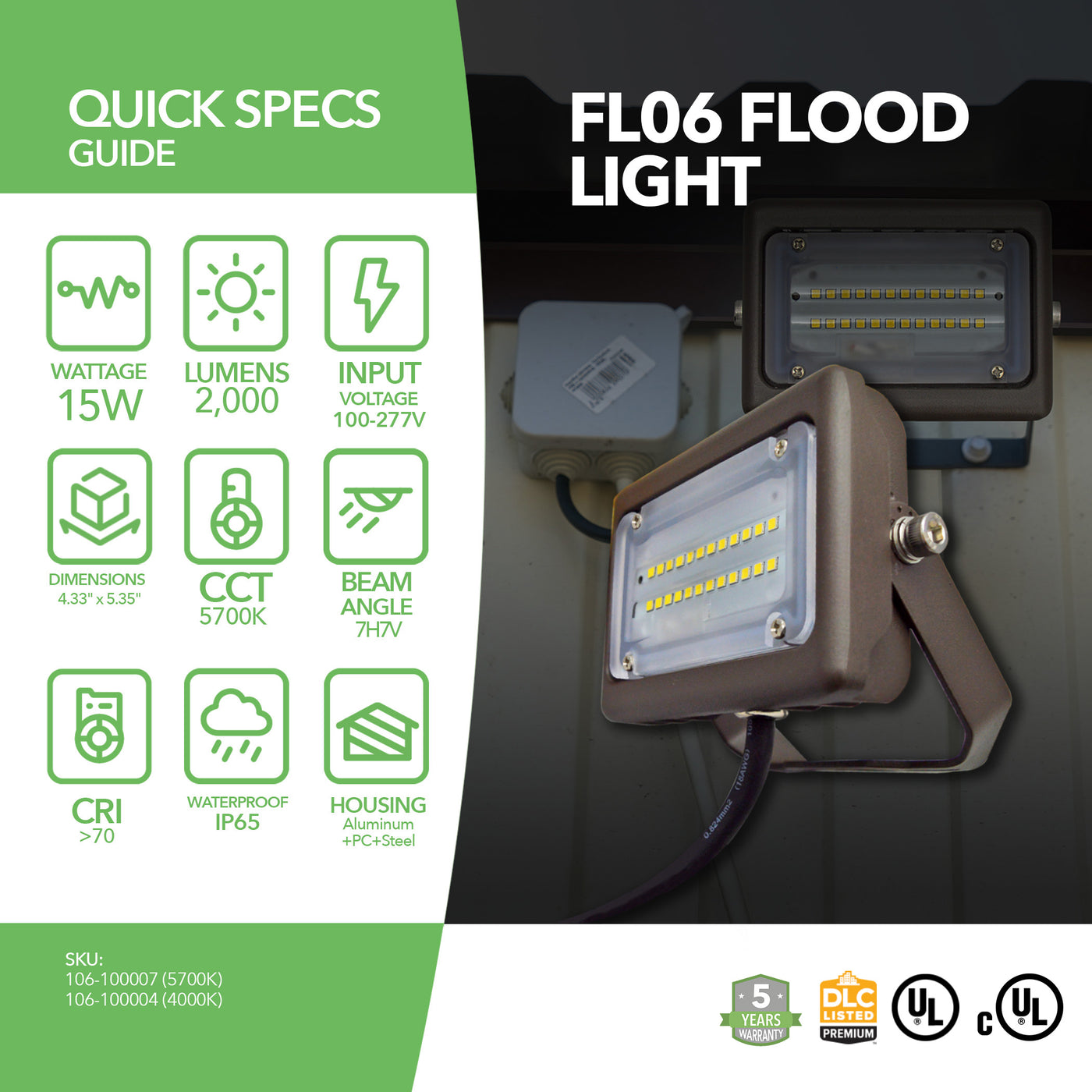 15W LED DLC Flood Light, Knuckle Mount - Landscape Lighting - (UL+DLC) - 5 Year Warranty