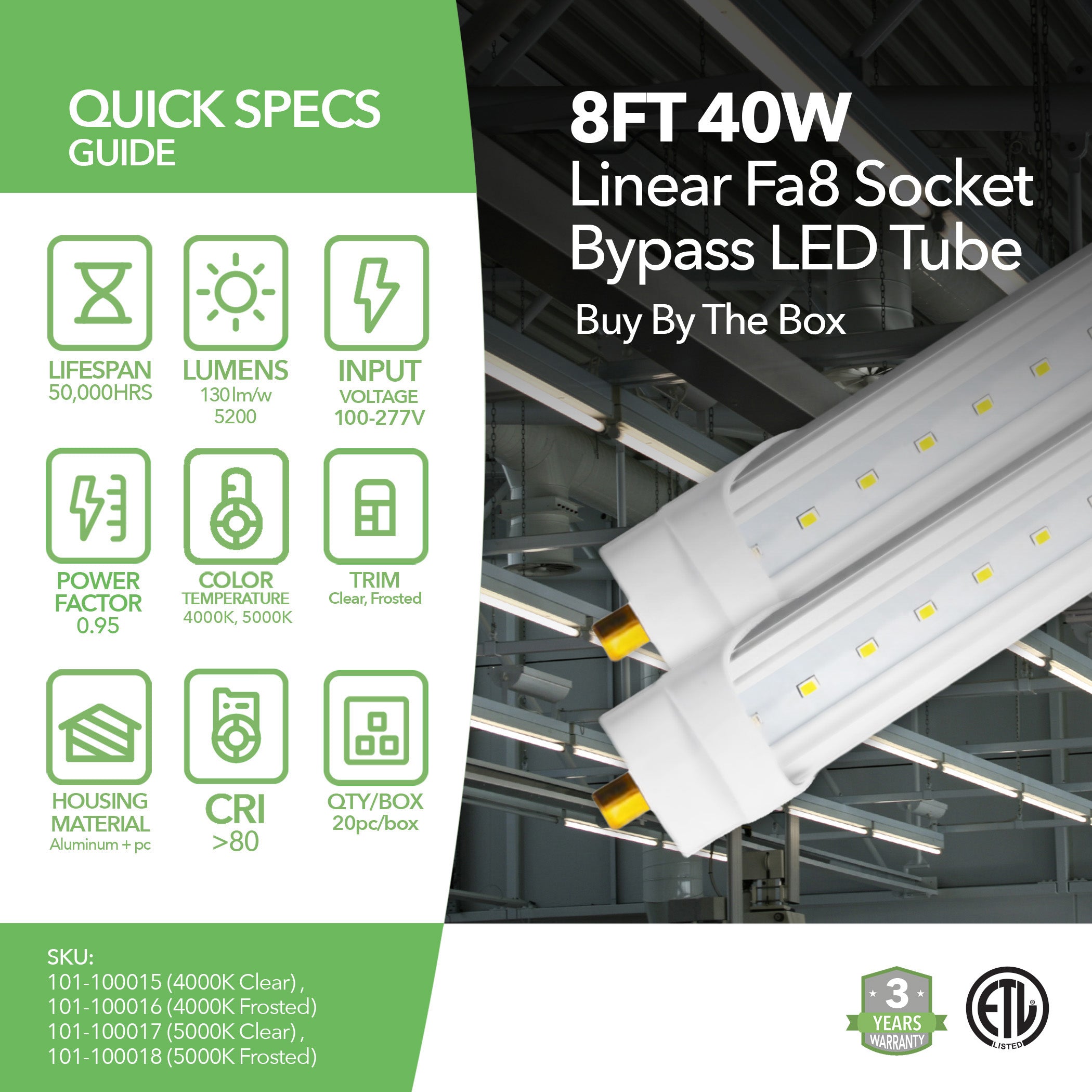 8FT ETL LED Tube - 40W - Double-Ended Bypass Tube, Fa8 Socket - 3 Year Warranty